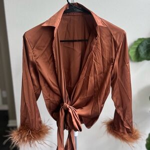Rust Satin Tie-Front Blouse with Feather Cuffs NEVER WORN